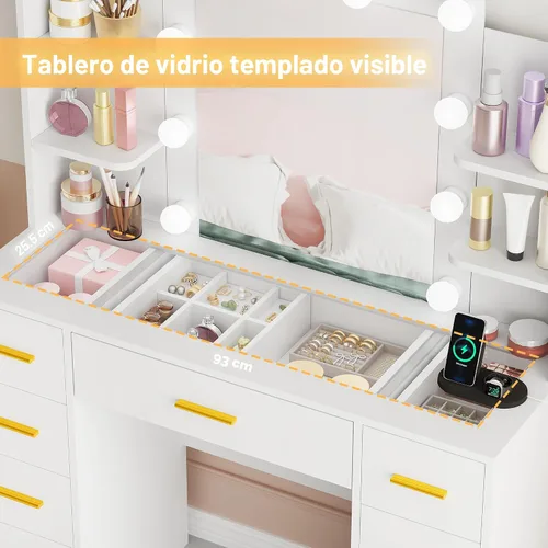 Vista 2 de BEWISHOME - Tocador de maquillaje con espejo y luces, mesa de tocador blanca con superficie de vidrio, toma de corriente, taburete, tocador con 9