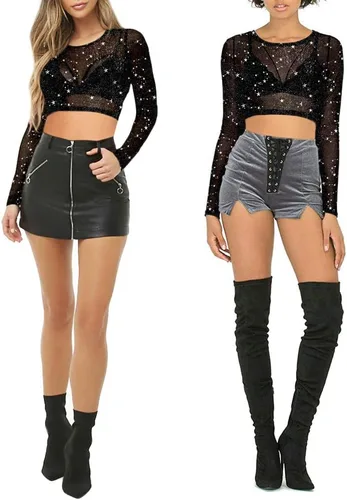 Vista 5 de MANGOPOP Blusa corta de manga corta de malla transparente para mujer