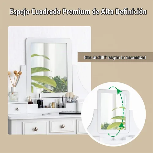 Vista 4 de CHARMAID Juego de tocador de maquillaje con espejo y taburete acolchado, tocador con 5 cajones y organizadores de almacenamiento extraíbles, mesa