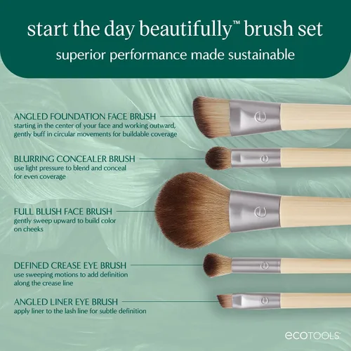 Vista 2 de EcoTools Juego de brochas de maquillaje para sombra de ojos, base, rubor y corrector con estuche de almacenamiento adicional, comienza el día