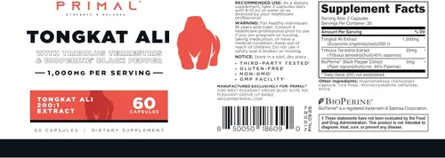 Vista 5 de Primal Cápsulas de Tongkat Ali (60 cápsulas/30 porciones, 1,000 mg por porción), modernizado tradicional apoyo energético y rendimiento