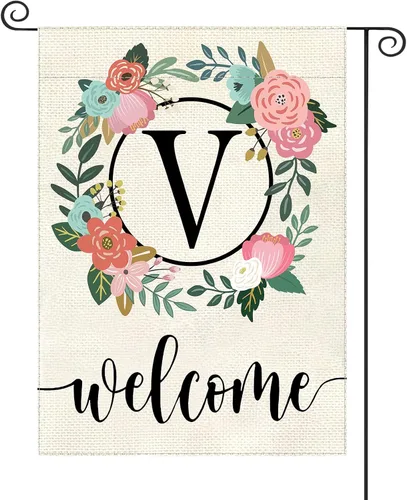 Vista 25 de Bandera de jardín con letra monograma, floral, 12 x 18 pulgadas, doble cara para exterior, pequeña de arpillera, familia, apellido, bandera inicial