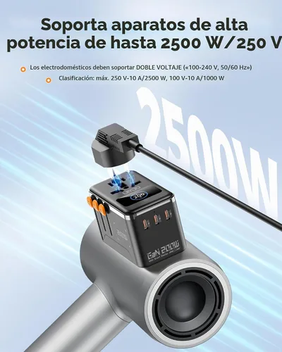 Vista 6 de Adaptador de viaje universal GaN de 200 W, USB-C dual de 100 W para 2 GaN200W con pantalla inteligente-negro+blanco