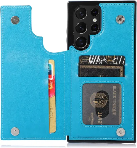 Vista 5 de Asuwish Funda para Samsung Galaxy S22 Ultra con protector de pantalla de vidrio templado, funda de cuero con soporte para tarjetas, doble cierre Azul