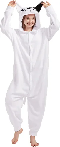 Vista 3 de dressfan Disfraz unisex de bulldog de animales con capucha, disfraz de Halloween, cosplay, pijamas de Navidad para adultos, adolescentes y niños
