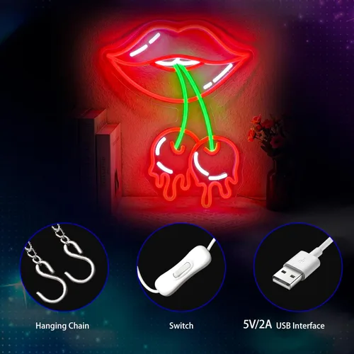 Vista 6 de Letrero de Neón de Labios de Cereza, Letreros de Neón para Decoración de Pared Letreros LED Rojos de Neón para Habitación Letreros de Neón Luminosos