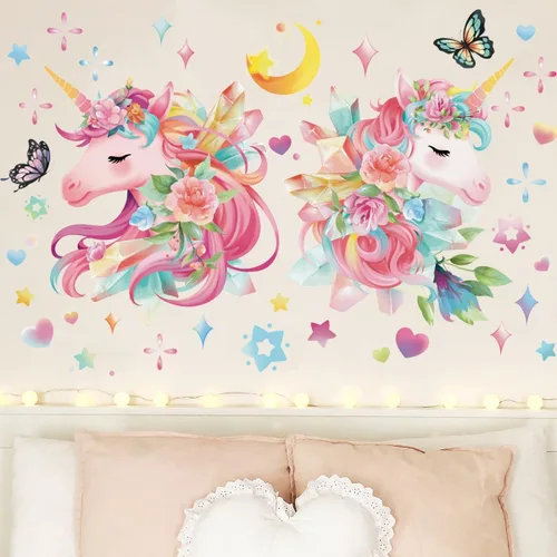 Vista 2 de Runtoo Calcomanías de pared de unicornio rosa arcoíris para niñas, dormitorio, bebé, guardería, habitación de niños, decoración de fiesta de 2