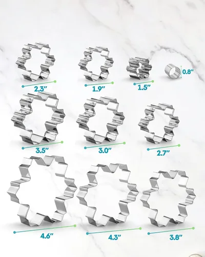 Vista 5 de Juego de Cortadores de Galletas de Copo de Nieve, 9 PCS Moldes de Galletas en Forma de Copo de Nieve, Galletas de Árbol de Navidad 3D con Exhibidor