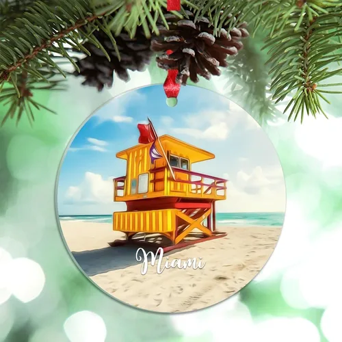 Vista 9 de Florida USA - Adornos de Navidad acrílicos de Miami, paisaje urbano, decoraciones de Navidad para árbol de viaje, recuerdo, adornos de Navidad