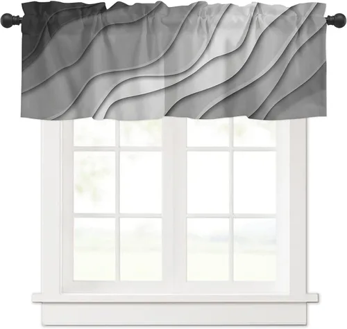 Vista 18 de Cortina de cenefa negra degradada para ventanas de kithchen, negro, blanco, gris, degradado, moderno, abstracto, geométrico, cenefa con bolsillo