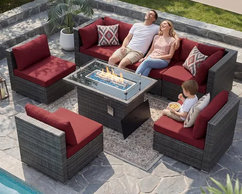 Vista 11 de NICESOUL Juego de muebles de patio de ratán extra grande con mesa para fogata de gas y propano, 29.3 pulgadas, respaldo alto, cómodos conversaciones