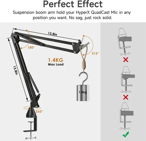 Vista 3 de Para HyperX Quadcast Boom Arm - Brazo de micrófono mejorado con cubierta de micrófono para reducir los ruidos del viento y funda de cable, soporte