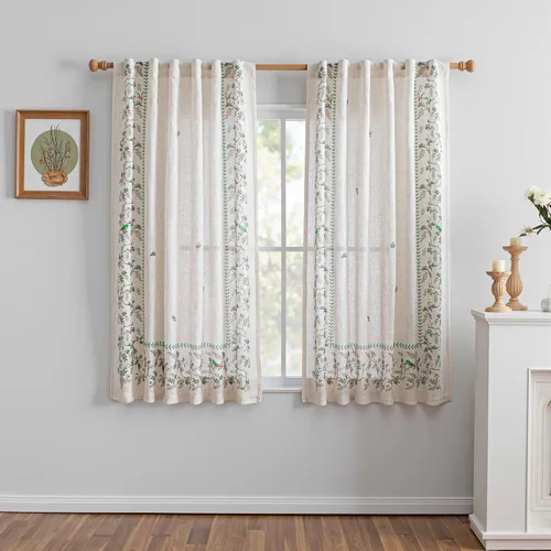 Vista 31 de MYSKY HOME Cortinas de lino transparentes de 45 pulgadas de largo para dormitorio, cocina, paneles de cortina florales, cortinas semicirverticales