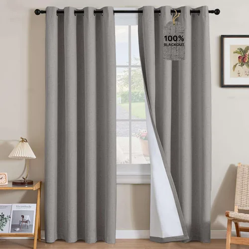 Vista 78 de H.VERSAILTEX Cortinas 100% opacas con aislamiento térmico, texturizadas, de lino, con bloqueo completo de calor y luz, para sala de estar y Negro