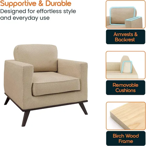 Vista 8 de LeisureMod Silla con brazo decorativo de cuero y malla, moderna con patas de madera de abedul para sala de estar, dormitorio u oficina, colección