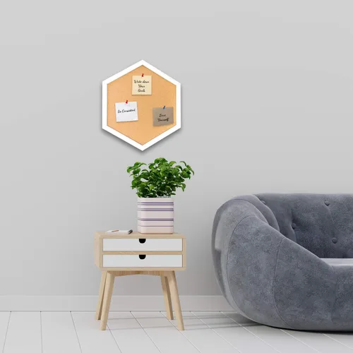 Vista 4 de Tablero de corcho con forma de diamante hexagonal con marco blanco, tablero de anuncios decorativo moderno para paredes