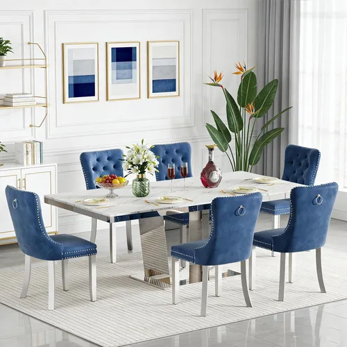 Vista 38 de Juego de mesa de comedor extensible de 63 a 79 pulgadas para 4, moderna mesa de cocina expandible con 4 sillas de terciopelo, mesa de madera gruesa