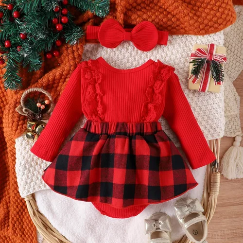 Vista 3 de Ehfomius Conjunto de mameluco de Navidad para bebé niña, con volantes, de manga larga, a cuadros, con diadema