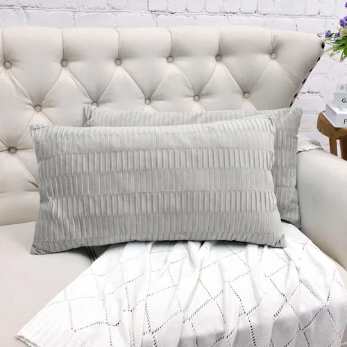 Vista 9 de Juego de 2 fundas de almohada decorativas de terciopelo a rayas plisadas de 14 x 26 pulgadas, funda de cojín rectangular suave y elegante para sofá
