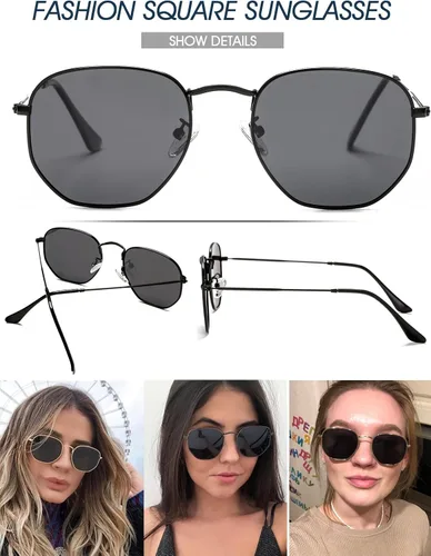 Vista 5 de PORADAY Lentes de sol polarizados hexagonales para mujeres y hombres, vintage, cuadrados, de metal, lentes de sol geométricos