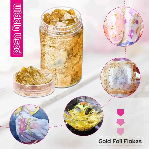 Vista 4 de PAXCOO Gold Flakes para resina, lámina dorada para uñas, copos de lámina dorada, hoja de oro de imitación para resina de joyería, uñas y fabricación