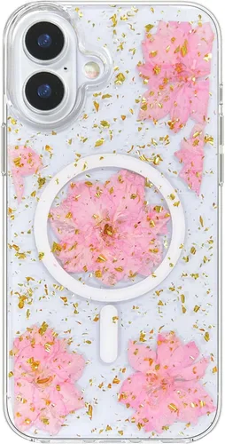 Vista 8 de Abbery Funda magnética para iPhone 14 Pro Max de 6.7 pulgadas, compatible con MagSafe Cute Clear with Design Glitter Sparkle Real Dry Pressed Flower