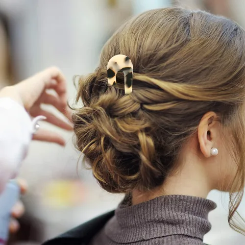 Vista 5 de 4 piezas de horquilla francesa en forma de U con dos puntas en forma de U, pinzas para el cabello, pasadores de chignon pin tortuga shell U palillos
