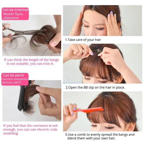 Vista 6 de Blunt Bangs - Extensiones de cabello con clip de aire natural, con flequillo frontal falso, color negro y marrón (4#)