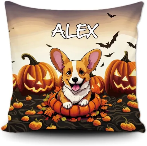 Vista 20 de Funda de almohada personalizada de Halloween, diseño de calabaza, lindo cachorro, funda decorativa de lona para sofá, 16 x 16 pulgadas, estampado