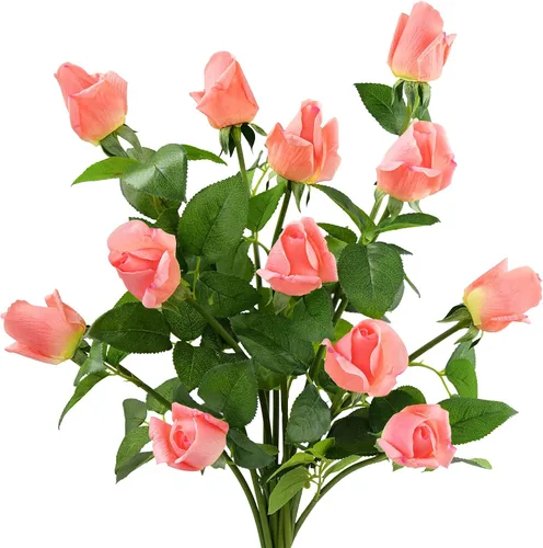 Vista 9 de FiveSeasonStuff Albaricoque rosado tallo largo de 21 pulgadas, rosas de tacto real, flores artificiales de seda, pétalos se sienten y se ven como
