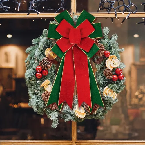 Vista 4 de Lazos grandes de Navidad para corona, lazo de corona de terciopelo rojo y verde, lazos verdes de Navidad para puerta principal, adorno de arpillera