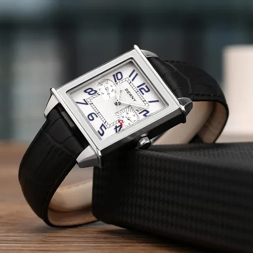 Vista 7 de BERNY Relojes cuadrados para hombre, reloj de cuarzo, calendario rectangular, reloj con correa de cuero
