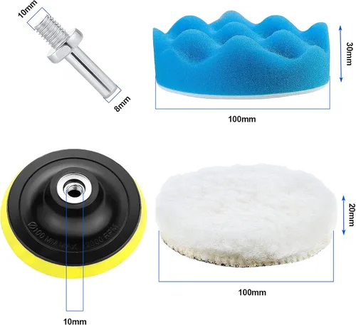Vista 2 de Kit de 10 almohadillas de pulido de automóvil de 4 pulgadas, juego de esponja y almohadilla de pulido de lana con adaptador de taladro M10, kit