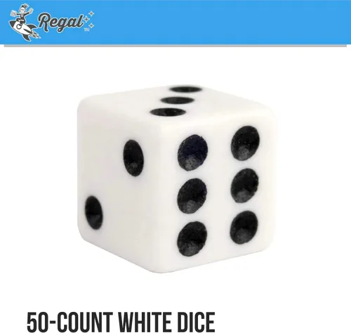 Vista 2 de Regal Games Juego de dados – 6 dados cuadrados blancos de 0.630 in para aula o noche de juegos familiares – 50 dados