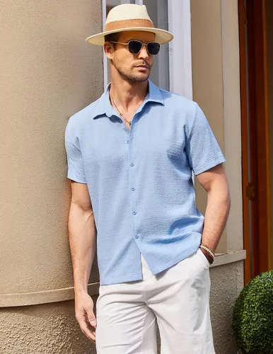 Vista 5 de COOFANDY Camisa casual de manga corta con botones para hombre, camisa de playa con textura de verano