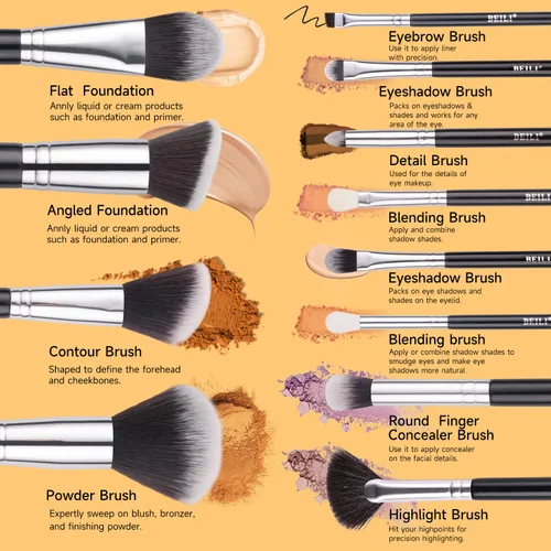 Vista 9 de BEILI Juego de 12 brochas de maquillaje con soporte para base Kabuki sintética de primera calidad, brocha para base de maquillaje, corrector
