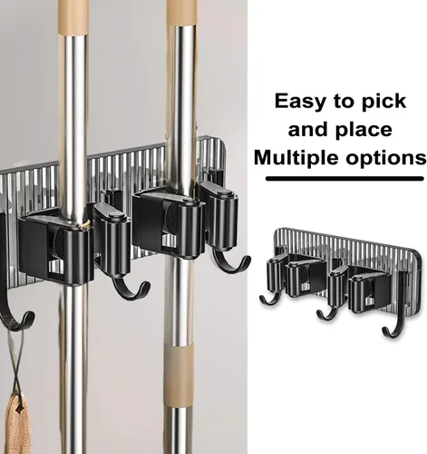 Vista 5 de Soporte para escoba de fregona, soporte de pared para escoba de madera, estantes de acero inoxidable, organización de metal para montaje en pared