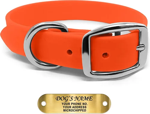 Vista 17 de Regal Dog Products Collares de perro pequeños negros impermeables con placa de nombre personalizada grabada Collar de perro de Biothane