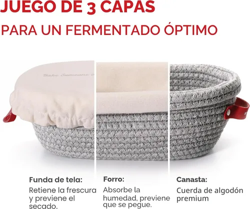 Vista 3 de Juego de cestas de prueba para pan de KneadAce con cuerda de algodón Banneton, 2 x cestas de pan ovaladas con forros y cubiertas para hornear pan
