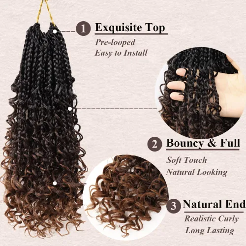 Vista 2 de Goddess Box Braids 1B3330 - Trenzas de ganchillo bohemias de 10 pulgadas para mujeres negras, paquete de 7 paquetes de trenzas bohemias preenlazadas