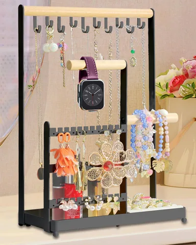 Vista 8 de Organizador de joyas, organizador de joyas con 36 organizadores de aretes y 10 soportes para collares, soporte para anillos de terciopelo y plato