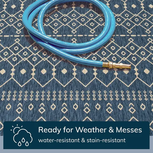 Vista 3 de Well Woven Medusa Nord - Alfombra marroquí tribal para interiores y exteriores, color azul, tejido plano, 5 pies 3 pulgadas x 7 pies 3 pulgadas