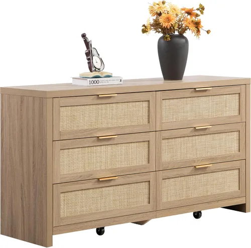 Vista 12 de SICOTAS Cómoda de ratán para dormitorio, cómoda de 57 pulgadas de ancho con 6 cajones con amplio almacenamiento, cómoda de madera, cómoda grande