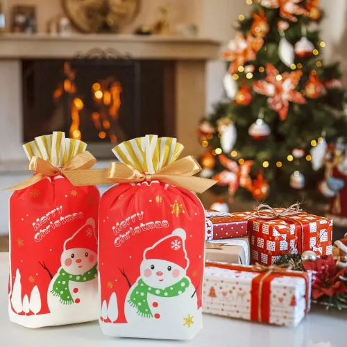 Vista 5 de HRX Package 50 bolsas de regalo de Navidad, 5.8x9x2.4 pulgadas, bolsas de golosinas con cordón de caramelos para regalos de comida, galletas de Rojo