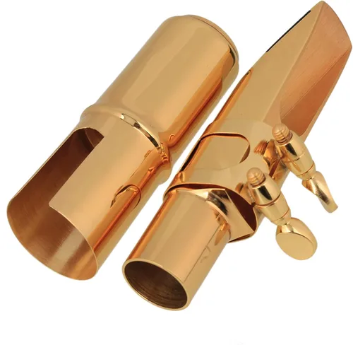 Vista 4 de Yibuy Boquilla de saxofón tenor B-flat de latón chapado en oro con ligadura de tapa 7 #