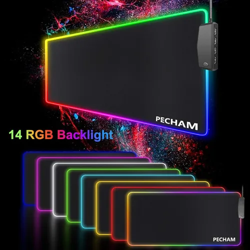 Vista 2 de PECHAM Alfombrilla de mouse RGB para juegos con 4 puertos USB y 14 luces LED alfombrilla de mouse grande extra extendida de 0157in base de goma