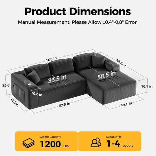 Vista 2 de CAMMOO Sofá seccional Cloud de 108 pulgadas, sofá seccional modular moderno con asiento profundo, sofá de pana sin estructura rígida con diván, sofá