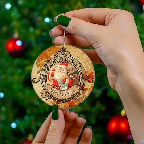 Vista 4 de Adorno de Navidad de cerámica con diseño retro de dos lados impresos, novedad para familiares, amigos y niños, colgantes de recuerdo de Navidad