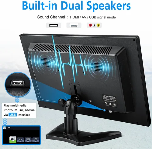Vista 4 de Haiway Monitor de seguridad de 14 pulgadas, resolución de 1366 x 768, monitor de PC pequeño con altavoces integrados con puertos HDMI/VGA/BNC/AV