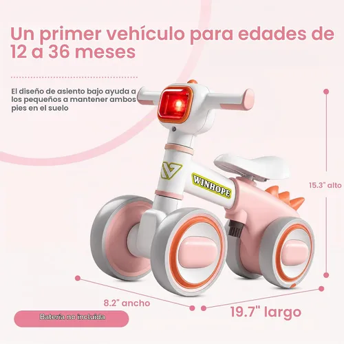 Vista 2 de WinHope Dinosaur Baby Balance Bike for 1 Year Old, Lights & Music Rosa